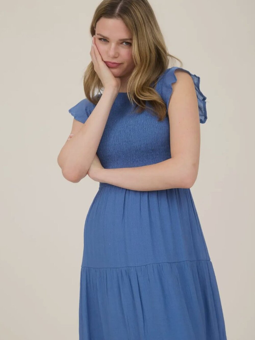 Blue  Pepper Dusty Blue Smocked Tiered Midi Tiered Dress - Picture 2 of 4